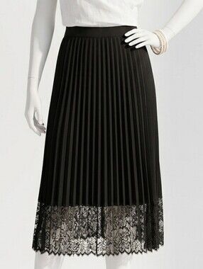 Apostrophe Black Accordion Pleat Lace Trim Midi Skirt Sz 8